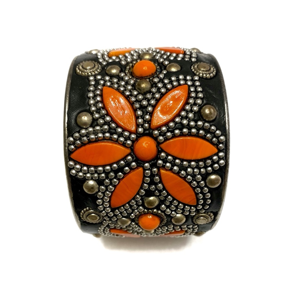 Vintage Wide Orange Black Silver and Brass Floral Bracelet